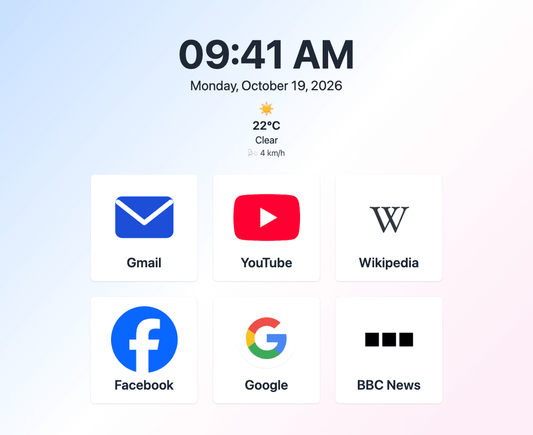 Your parent's computer with GoldenProtect: a large clock, the date, the weather and six big tiles for the websites you approve